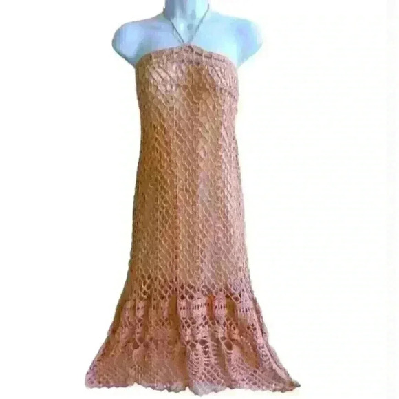 James Coviello Vintage Open Crochet Dress Peachy Pink Y2K Festival Boho SMALL - Picture 1 of 9